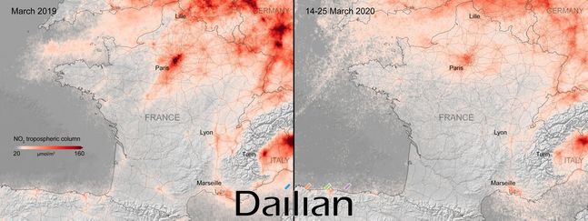 (왼쪽부터) 지난해 3월‧올해 3월 중순 프랑스 이산화질소 배출현황. ⓒ유럽우주국 홈페이지 갈무리