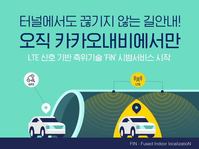 카카오모빌리티가 6일 롱텀에볼루션(LTE) 신호 기반의 실내 측위 기술 ‘핀(FIN·융합 실내 측위)’을 카카오내비에 적용해 서울 강남순환로 3개 터널 내에서 시험 서비스를 시작했다. 사진은 서비스 안내 이미지.ⓒ카카오모빌리티