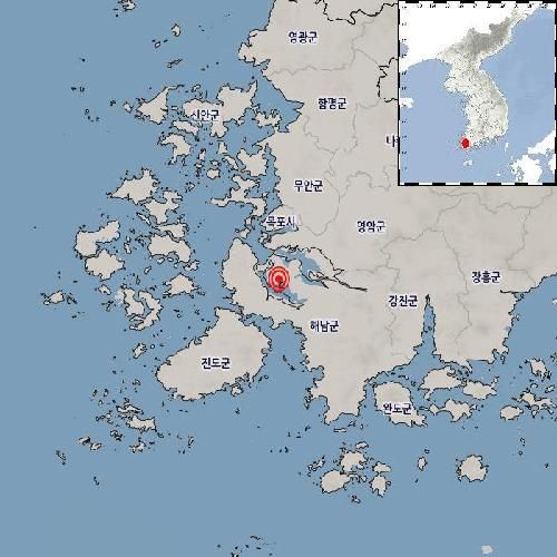 오전 7시 13분 13초 전남 해남군 서북서쪽 21㎞ 지역에서 규모 2.4의 지진이 발생했다.ⓒ기상청