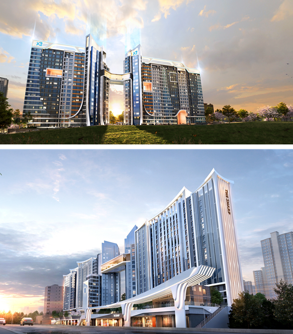 GS건설이 제안한 신반포21차 재건축 아파트 조감도(위), 포스코건설이 제안한 투시도(아래)ⓒ각사