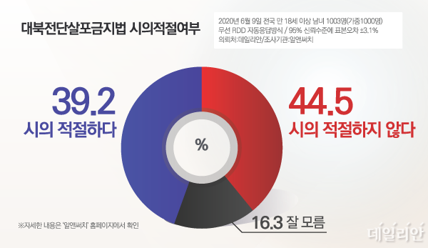 우리 국민의 44.5%는 '대북전단 금지법'이 '시의적절하지 않다'고 판단하는 것으로 조사됐다. ⓒ데일리안 박진희 그래픽디자이너