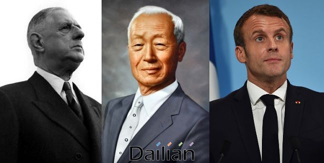 샤를르 드 골 전 프랑스 대통령(왼쪽부터), 이승만 전 대한민국 대통령, 에마뉘엘 마크롱 현 프랑스 대통령.ⓒ데일리안 DB