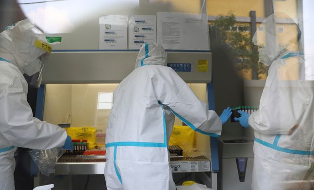 지난달 18일(현지시간) 인도네시아 자카르타의 한 이동식 실험실에서 보건종사자들이 신종 코로나바이러스 감염증(코로나19) 검사 중 채취한 시료를 분석하고 있다.ⓒ뉴시스