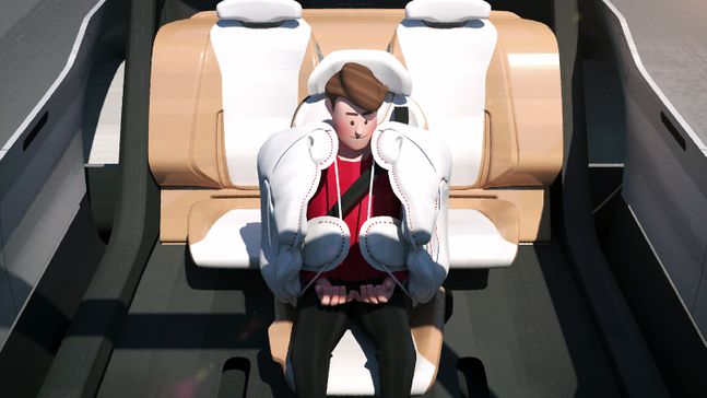 현대자동차가 미래 기술 애니메이션 시리즈 첫 편을 통해 선보인 '허그 에어백'. ⓒ현대자동차