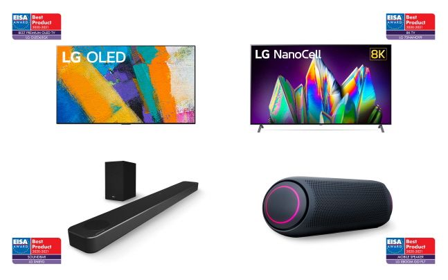 EISA 어워드를 수상한 제품들. 왼쪽 상단부터 시계방향으로 LG 올레드 갤러리 TV, LG 나노셀 8K TV, LG 엑스붐 고 스피커, LG 사운드 바.ⓒLG전자