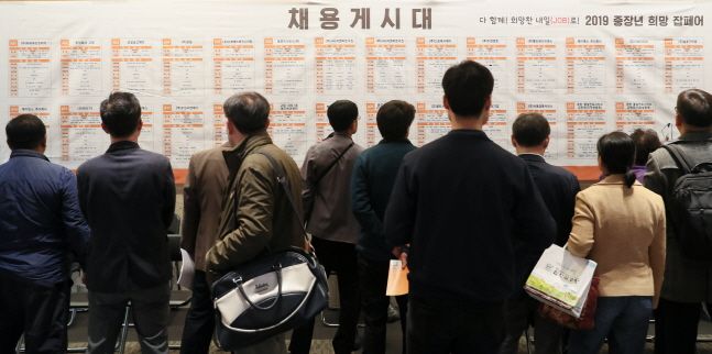 2019년 10월 28일 서울 여의도 전경련회관 컨퍼런스센터에서 개최된'2019 중장년 희망잡페어'에 참석한 구직자들이 채용게시판을 살펴보고 있다. ⓒ전국경제인연합회