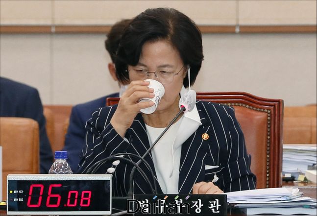추미애 법무부 장관이 지난달 25일 오후 서울 여의도 국회에서 열린 국회 법제사법위원회 전체회의에서 물을 마시고 있다. ⓒ데일리안 박항구 기자