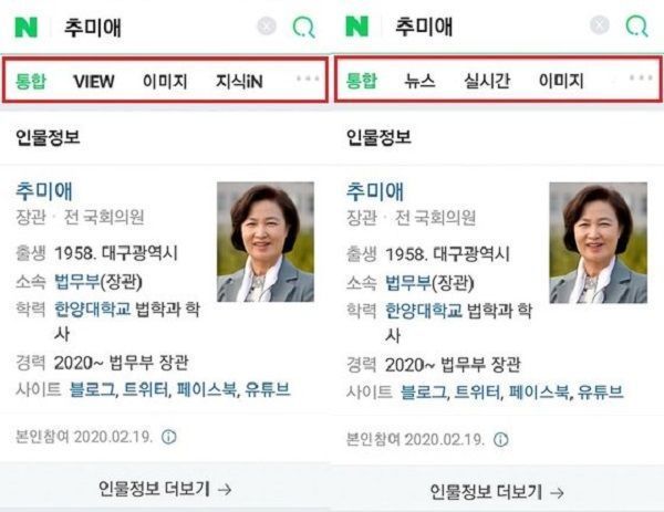 '네이버'의 추미애 법무부 장관 검색 결과. 김근식 교수 페이스북 캡쳐.