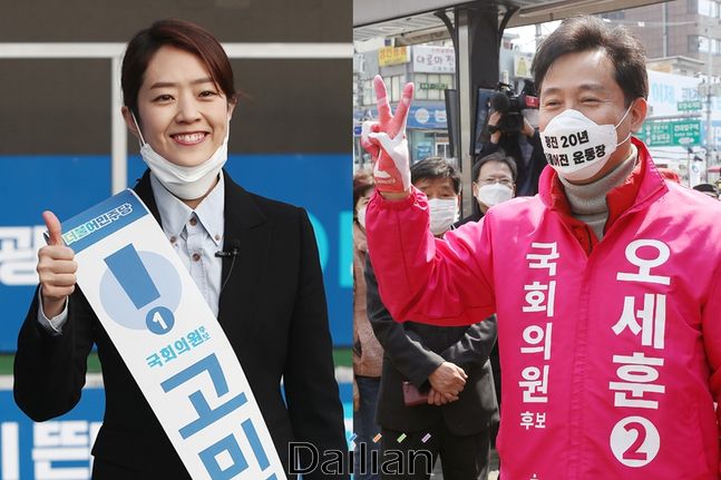 지난 21대 총선 서울 광진을에서 맞붙었던 고민정 후보와 오세훈 후보 ⓒ데일리안 박항구 기자