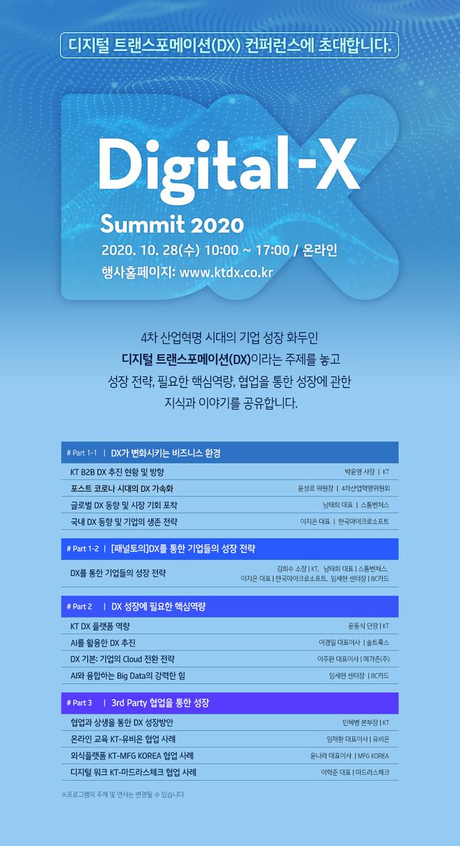 KT가 오는 28일 서울 그랜드 인터컨티넨탈 파르나스 호텔에서 국내외 디지털 전문가들과 함께 디지털전환(DX) 인사이트를 교환하는 ‘디지털엑스 서밋(Digital-X Summit) 2020’을개최한다. 사진은 행사 포스터.ⓒKT