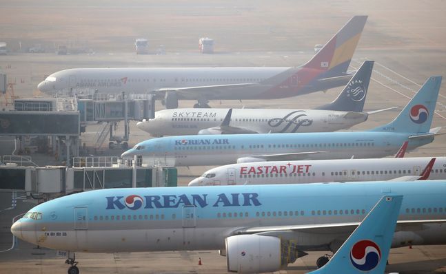 서울 강서구 김포공항 활주로에 대한항공과 아시아나항공 비행기들이 계류돼 있다. ⓒ데일리안 류영주 기자