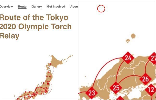 도쿄올림픽 공식 홈페이지에 성화봉송 코스를 소개하는 일본 전국지도(좌), 화면을 확대하면 독도를 일본 영토로 표기한 모습(우측 빨간색 원) ⓒ 서경덕 교수 연구팀