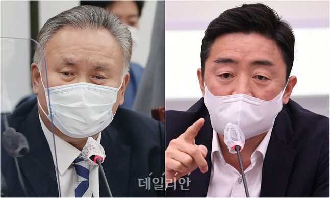 더불어민주당 5선 중진 이상민 의원(좌)과 재선 강훈식 의원(우) ⓒ데일리안 박항구 기자