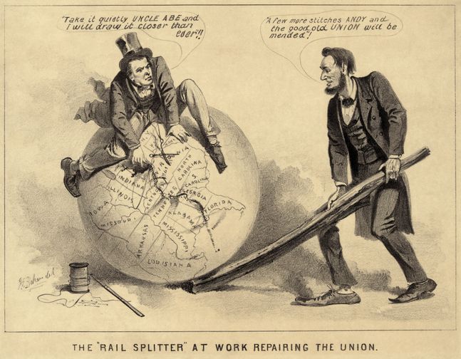 남북전쟁으로 갈라진 미국을 수리하는 링컨과 존슨을 풍자한 삽화ⓒJoseph E. Baker(1865) - Library of Congress