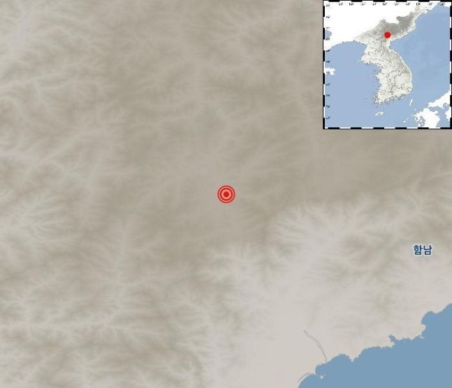 19일 오전 6시 45분 북한 함경남도 장진 북동쪽 4㎞ 지역에서 발생한 지진 위치도 ⓒ기상청
