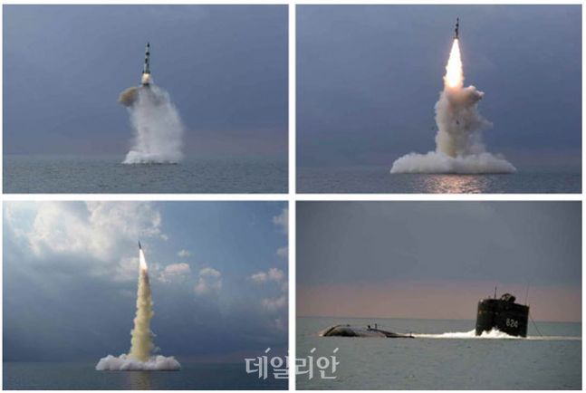 북한이 지난달 19일 시험발사한 신형 잠수함발사탄도미사일(SLBM) ⓒ노동신문