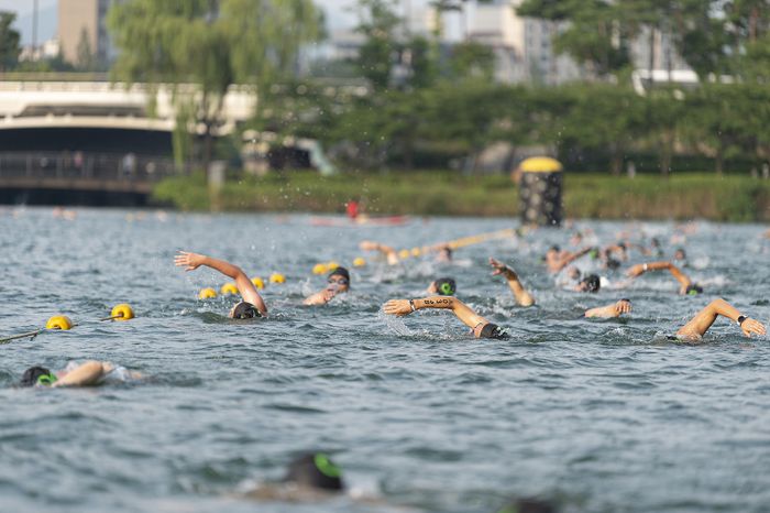 '2022 LOTTE Oe Race' 참가자들이 맑아진 석촌호수에서 수영하고 있다.ⓒ롯데물산