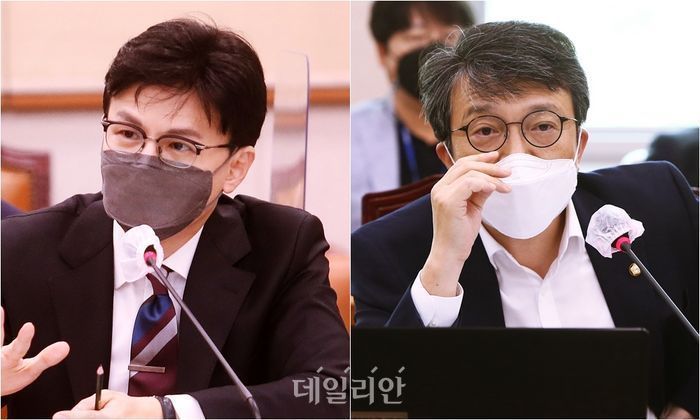 한동훈 법무부 장관과 김의겸 더불어민주당 의원 ⓒ데일리안 박항구 기자