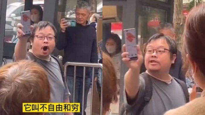 PCR 검사소 앞에서 방역정책 비판하는 중국 남성. ⓒ 트위터/연합뉴스