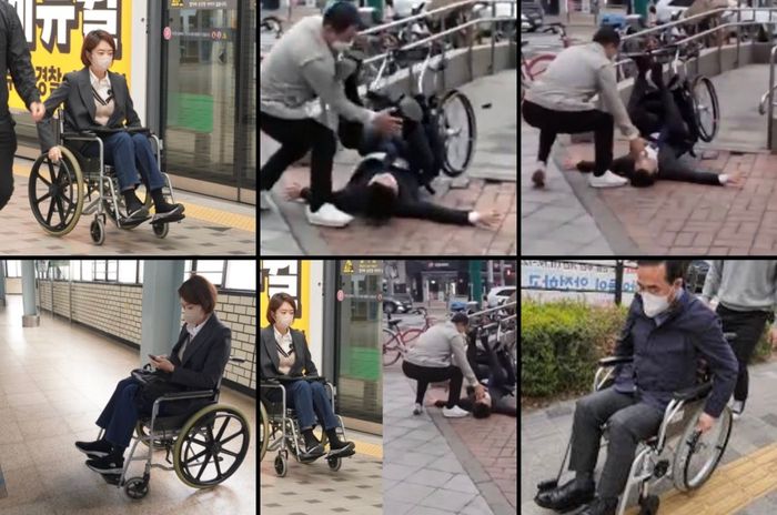 고민정, 박홍근, 진성준 등 더불어민주당 의원들이 지난해 휠체어를 타고 국회로 출근하는 휠체어 지하철 출근 챌린지에 참여했다.ⓒ트위터