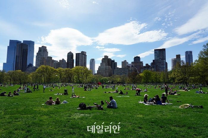 미국 뉴욕 시민이 맨해튼 센트럴 파크 잔디 구역에서 휴식하고 있다. ⓒ연합뉴스