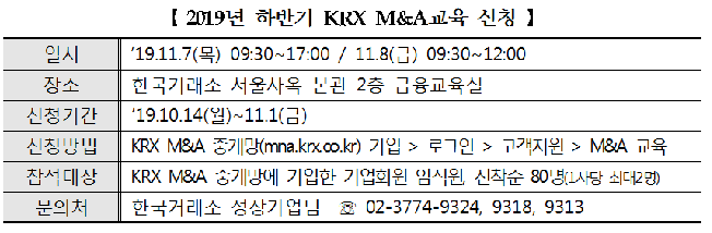 한국거래소, 2019년 하반기 'KRX M&A교육' 실시