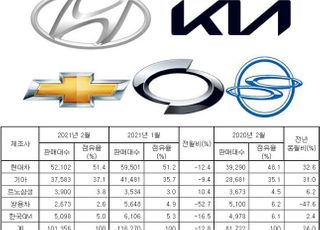 현대차·기아 2월 내수판매 30%대 급등…완성차 87% 싹쓸이