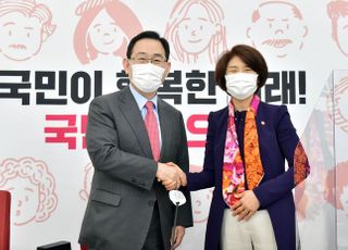 &lt;포토&gt; 주호영 원내대표 방문한 한정애 환경부 장관