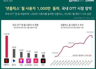 넷플릭스, 월 사용자 1천만 돌파…2위 웨이브는 390만