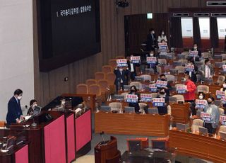 &lt;포토&gt; 본회의에서 피켓들고 항의하는 국민의힘 의원들