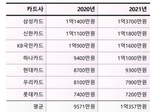 카드사, 임직원 평균 보수 1억357만원…전년比 8%p↑