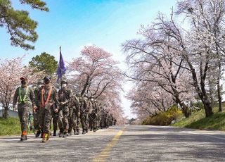 "벚꽃놀이 대신"…활짝 핀 꽃 사이서 20km 행군하는 군 장병들