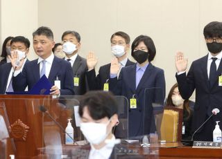 나란히 국정감사 증인 선서하는 카카오 김범수와 네이버 이해진