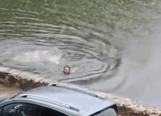 [영상] 거대 악어 쫓아오자 방향 돌려 수영한 멕시코 남성