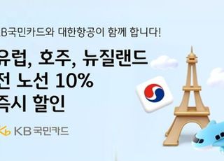 국민카드, 대한항공 유럽·호주·뉴질랜드 전 노선 10% 할인