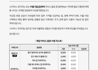 스타벅스, 아이스음료 톨사이즈 11종 200원 인상