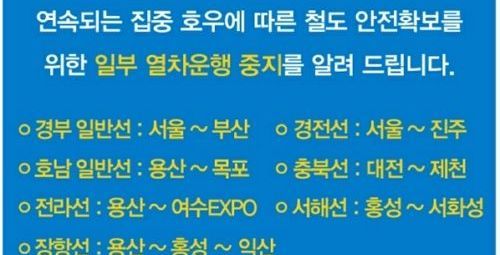 [속보] 코레일, 용산~목포·서울~부산 등 경부선·호남선 일부 일반열차 운행 중지