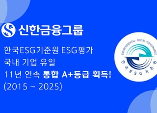 신한금융, ESG 평가서 통합 A+ 등급 획득…국내 기업 유일 11년 연속